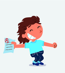 happy cartoon character of little girl on jeans rejoices with exam in hand
