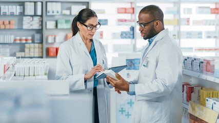 Pharmacy: Black Male and Caucasian Female Pharmacists Use Digital Tablet Computer Talk about...