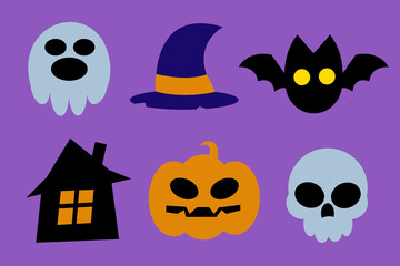 a set of icons for Halloween. six cartoon characters on a purple background. ghost, pumpkin, bat, hat, skull, hut. simple contoured silhouettes. vector illustration.