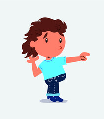 Surprised cartoon character of little girl on jeans points to something to his side