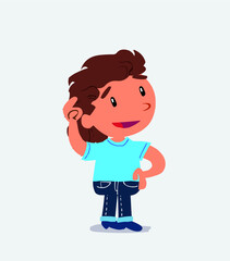 Thoughtful cartoon character of little girl on jeans scratching his head