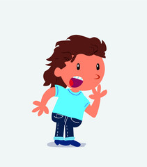 Unpleasantly surprised cartoon character of little girl on jeans looks to the side