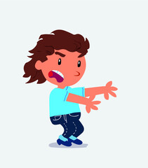 Very angry cartoon character of little girl on jeans pointing at something at side