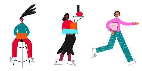 vector set of trendy multicultural people students.A girl in a laptop, a guy is late,a woman with geometric shapes.The concept of education at the university and remote study of sciences.Textured flat