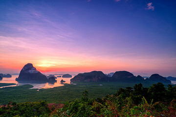 Mountain view sunrise of Phang Nga Bay at Samet Nang She Viewpoint, Phang Nga, Thailand.