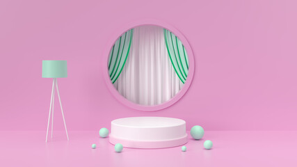 geometric background image For product placement, pastel pink and white decorated in minimal style. 3D Scene.