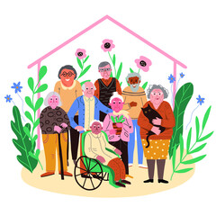 a group  of aged people with a stick or in a wheelchair with a house shape and plants and flowers behind - a nursing house for elderly - hand drawn vector illustration