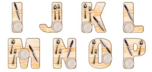 abc, alphabet, blackboard, breakfast, dinner, dishes, english alphabet, fork, knife, letter, letters, lunch, plate, spoon, text, white background, word