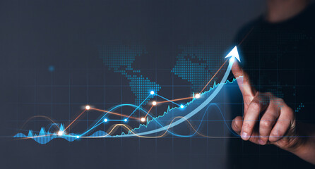 Businessman holding growth graph of business. Business strategy development and growing growth...