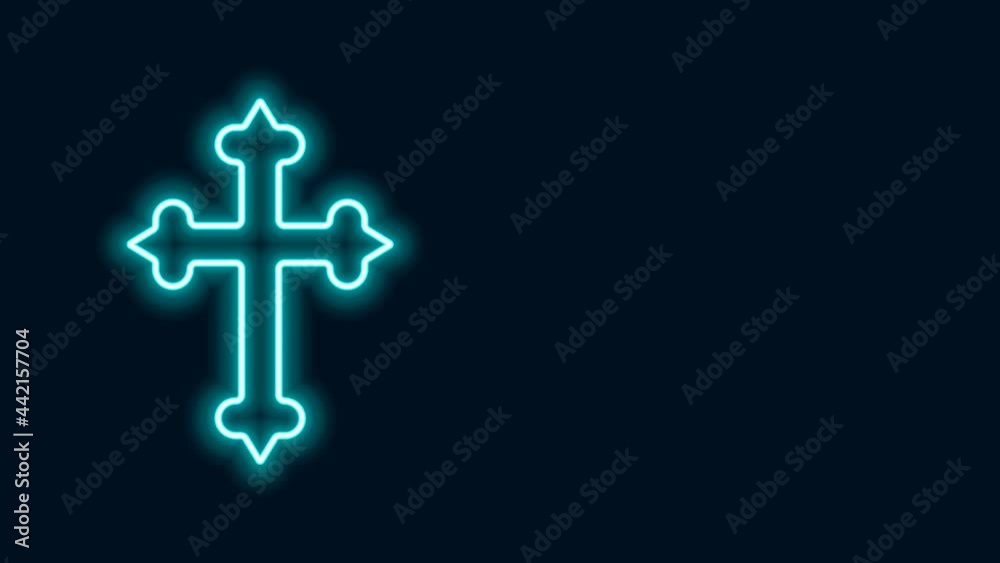 Wall mural Glowing neon line Christian cross icon isolated on black background. Church cross. 4K Video motion graphic animation