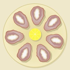 Seafood illustration oysters on the plate with lemon in restaurant, National Oyster Day. Design for template, poster, banner.