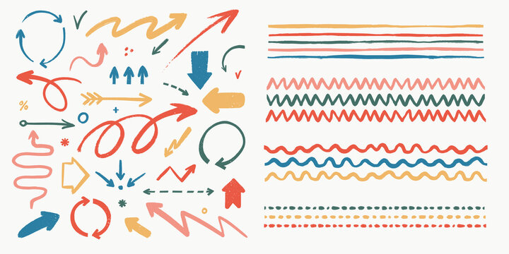 Abstract arrows and brushes set. Various doodle arrows and art strokes with grunge texture. Hand-drawn abstract vintage infographic Vector collection. Add in the brush panel as art or pattern brush.