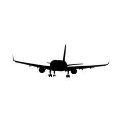 The silhouette of a passenger plane in black and white on a white background.