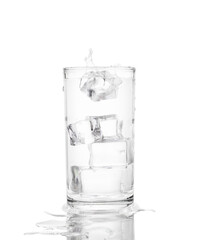 cold water with iced on glass isolated white background