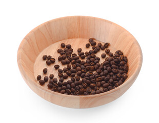 Wooden Bowl with coffee beans on white background.