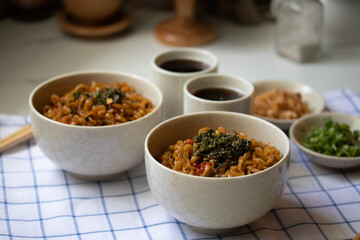 Korean hot and spicy instant noodle and seaweed