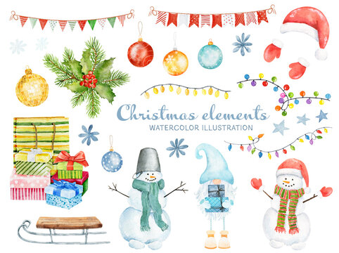 Set of watercolor Christmas elements isolated on white background.