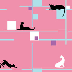 Cats in different poses, silhouettes. Seamless pattern. The cat lies, sits, stretches its back, hisses, plays, walks. Use printed materials, signs, items, websites, maps, posters, postcards,