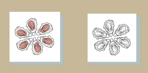 The original design of oysters for postcards, menus, prints. National Oyster Day.