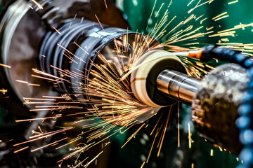 High-precision metal processing on a CNC cylindrical grinding machine. - obrazy, fototapety, plakaty