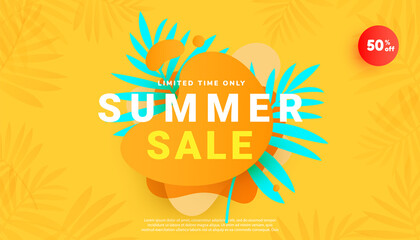 Summer sale banner in trendy style with tropical leaves and bright yellow minimal background. Vector illustration for seasonal offer, promotion, advertising.