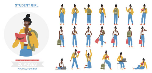 African american black student girl poses infographic vector illustration set. Cartoon flat young woman standing with backpack, sitting, studying at table with laptop and books - obrazy, fototapety, plakaty
