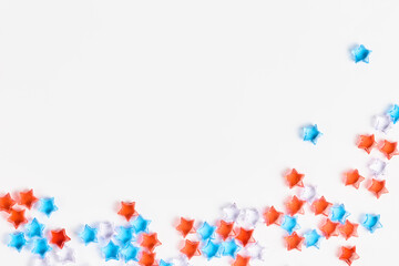 4th of July American Independence Day decorations on white background. flat lay, top view, copy space