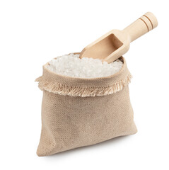 little bag with sea salt and wooden scoop isolated on white