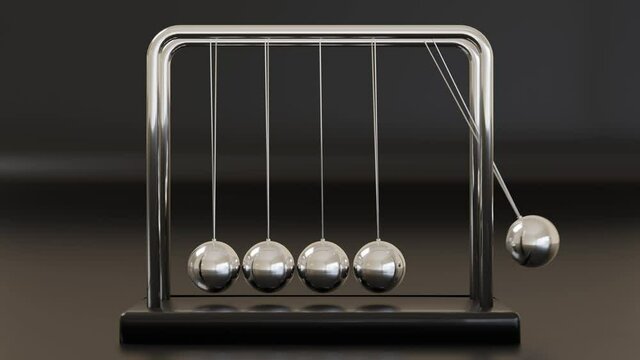 Newton's cradle swinging on a dark background. Loop. 3d animation.