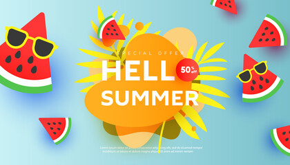 Creative Summer sale banner in trendy style with tropical leaves, watermelon slices on minimal blue background. - obrazy, fototapety, plakaty