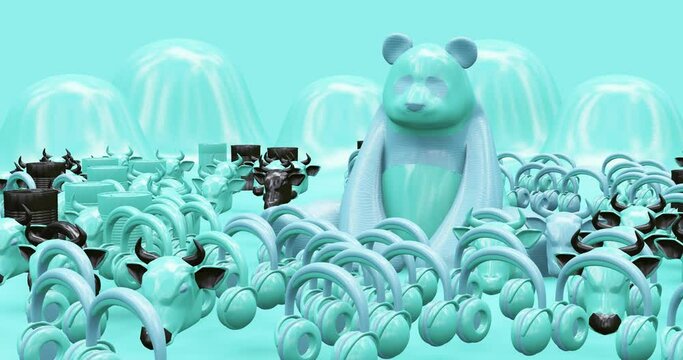 Creative Minimal 3d art. Animated stylish panda in abstract wild space. Trendy color combination, dynamics, Loop motion, 4k video.