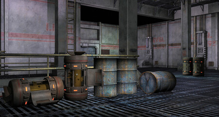 capannone fabbrica abbandonata usato come deposito per  barili contenente sostanze tossiche - obrazy, fototapety, plakaty
