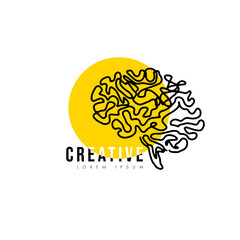 Creative line human brain vector icon with yellow circle illustration isolated on white background, Symbol of innovation, idea, mind, thinking, solution, education