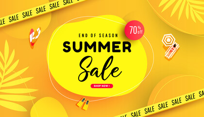 Summer sale vector illustration with tropical leaves background. Promotion banner for website, flyer and poster