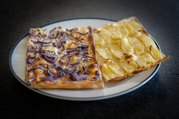 a handmade tarte flambée with red onions and apples