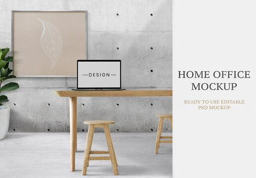 Home Office Mockup with Laptop and Blank Frame