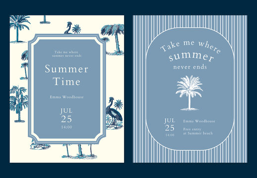 Blue Summer Flyer Layout with Tropical Background