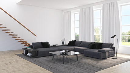 Illustration 3D rendering large luxury modern bright interiors Living room mockup computer digitally generated image
