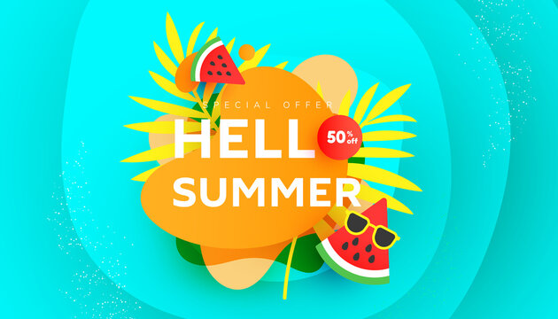 Bright summer 50 percent discount banner with tropical leaves and bubble shapes on mint background with place for advertising text