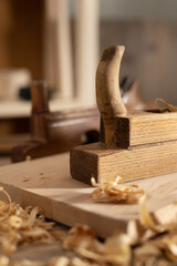 Woodworking tools on wooden table. Wood working or joiner tool