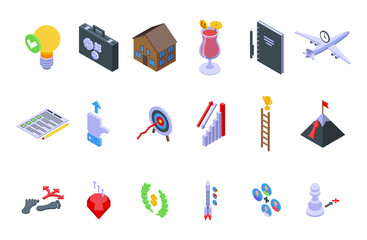 Realization icons set isometric vector. Dream self victory. Success leader forward