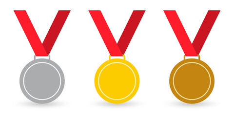 Medal set. Gold, silver and bronze medals with ribbon. Sport awards, winner and champion prize concept. Vector illustration.
