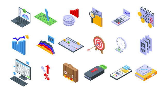Financial planning icons set isometric vector. Risk manage. Account plan stability