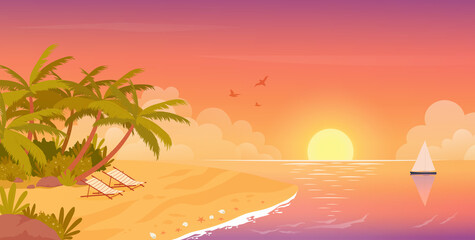 Beach sunset, tropical travel vacation in summer tropical island landscape vector illustration. Cartoon seaside palm trees, relax resort lounges near sea waves, calm coast seascape scene background - obrazy, fototapety, plakaty