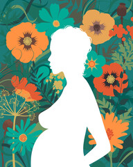 Silhouette of a pregnant woman on a floral background