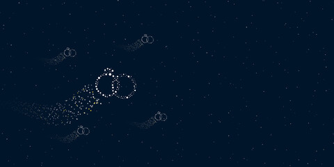 A wedding rings symbol filled with dots flies through the stars leaving a trail behind. There are four small symbols around. Vector illustration on dark blue background with stars