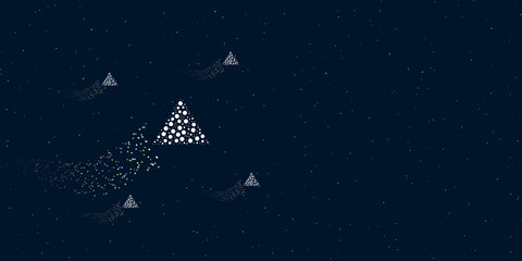 Fototapeta na wymiar A triangle symbol filled with dots flies through the stars leaving a trail behind. Four small symbols around. Empty space for text on the right. Vector illustration on dark blue background with stars