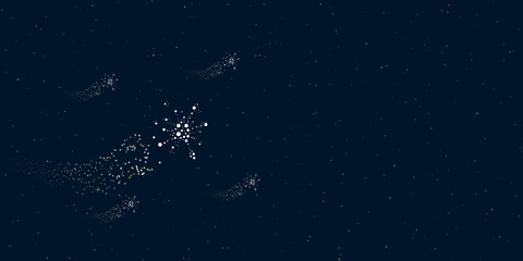 A blot symbol filled with dots flies through the stars leaving a trail behind. Four small symbols around. Empty space for text on the right. Vector illustration on dark blue background with stars