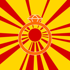 Diamond ring symbol on a background of red flash explosion radial lines. The large orange symbol is located in the center of the sun, symbolizing the sunrise. Vector illustration on yellow background