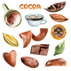 Cocoa and chocolate watercolor elements set.Template for decorating designs and illustrations.